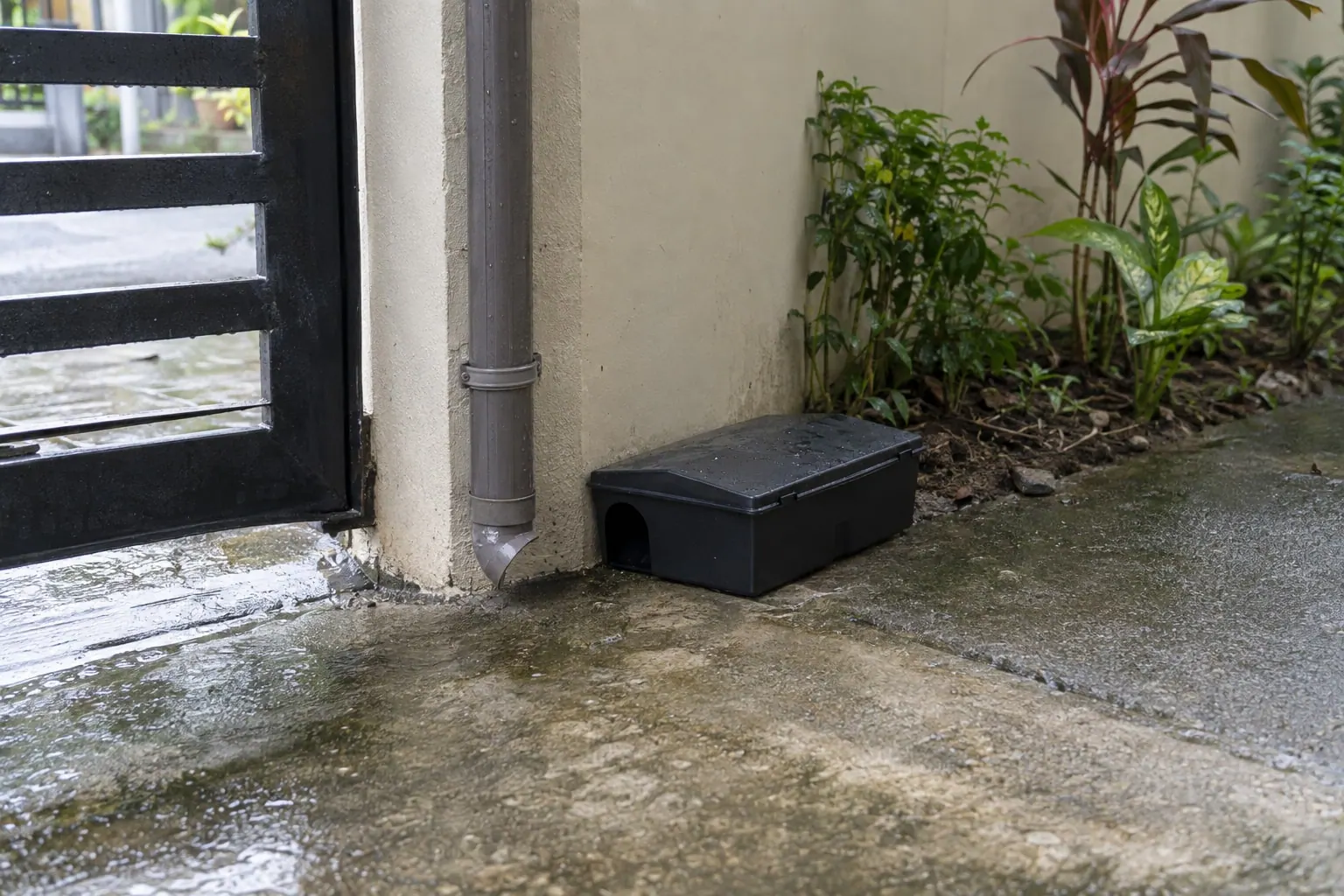 A rodent bait station set against the outside wall of a house beside a downspout
