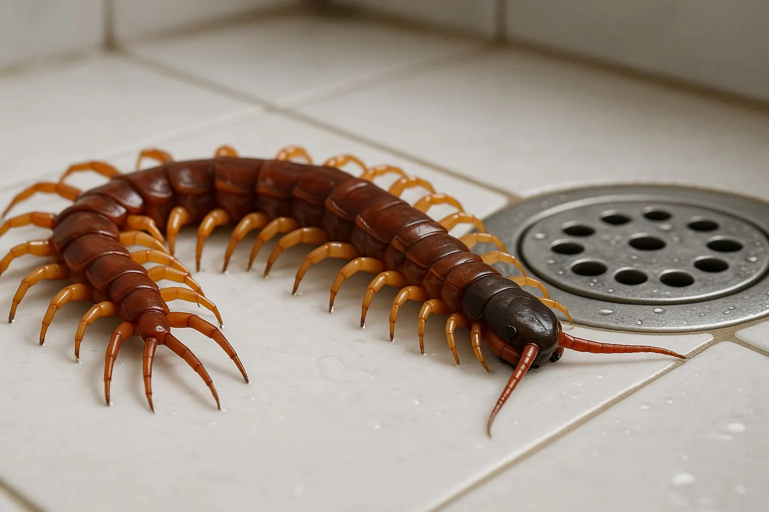 Illustration of a large red-brown centipede on wet white tiles beside a steel floor drain