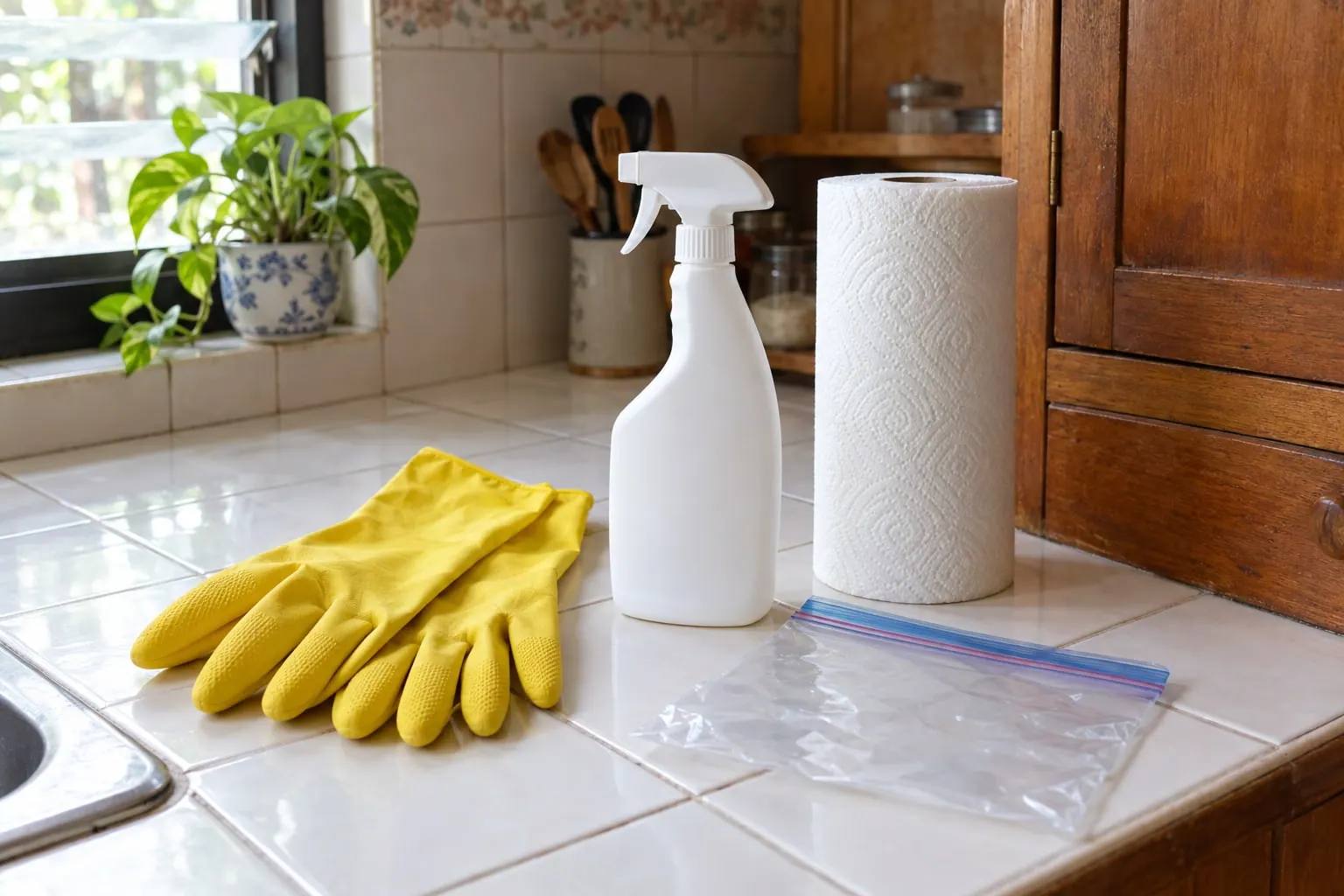 Guwantes na goma, spray bottle, paper towel at plastik na supot sa kitchen counter