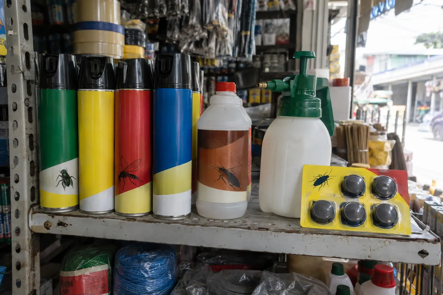 Insect spray cans, a pump sprayer and cockroach bait on a hardware store shelf