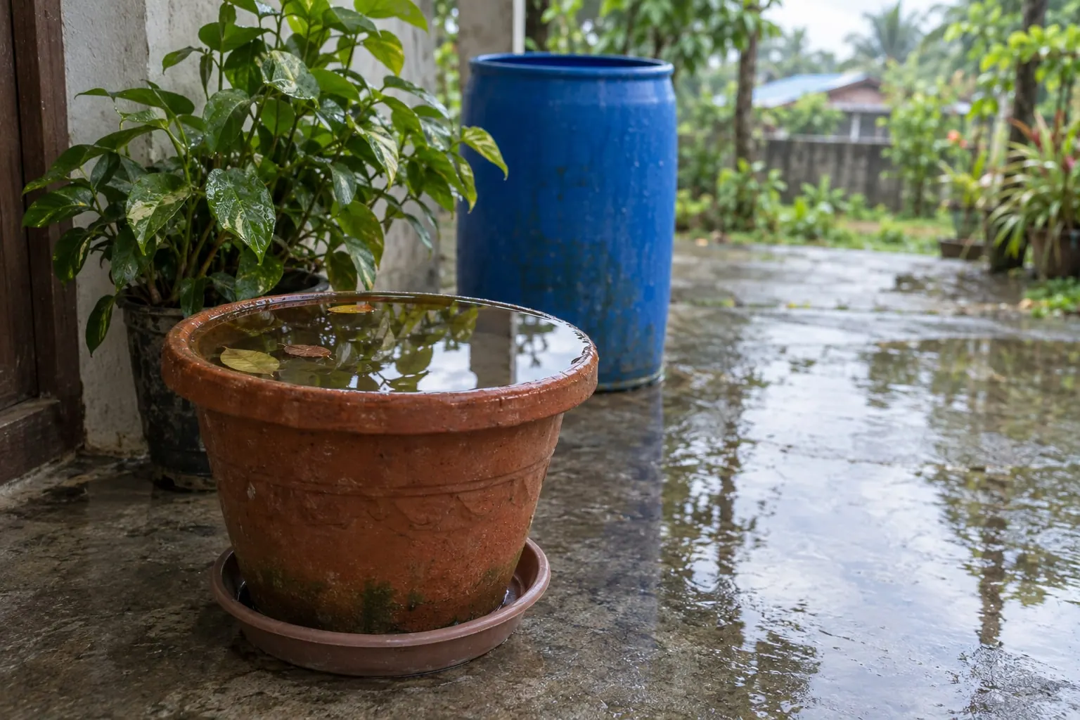 Paso na napuno ng tubig-ulan sa tabi ng drum sa labas ng bahay