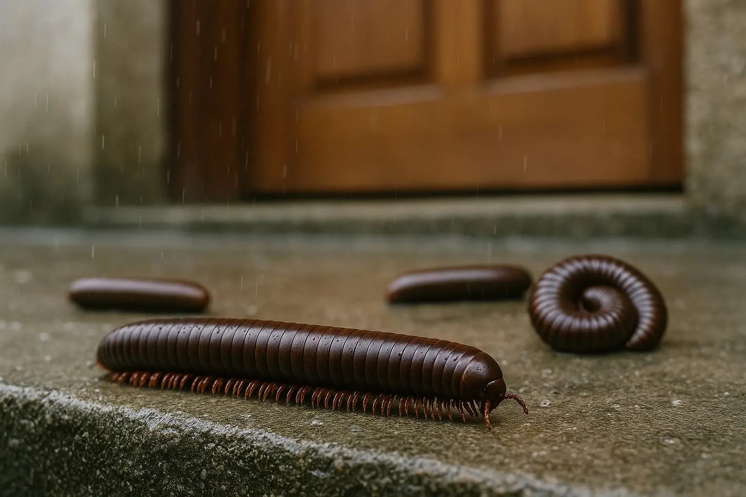 Illustration of dark brown millipedes on a wet concrete doorstep, one walking and one curled into a spiral