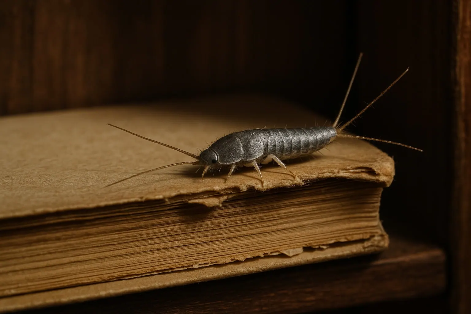 Illustration of a silvery-grey silverfish with long antennae and three tail filaments on the chewed edge of an old book