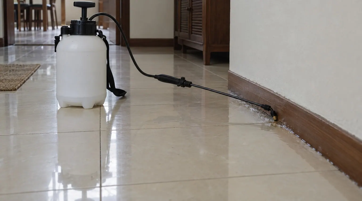 A pump sprayer on a tiled floor, its wand laid along the skirting board where it has just treated