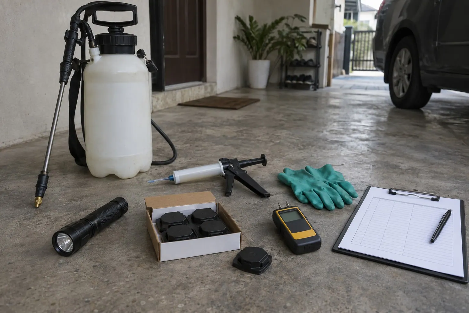 A technician's kit on a carport floor: pump sprayer, bait gun, bait stations, flashlight, gloves, moisture meter and an inspection form