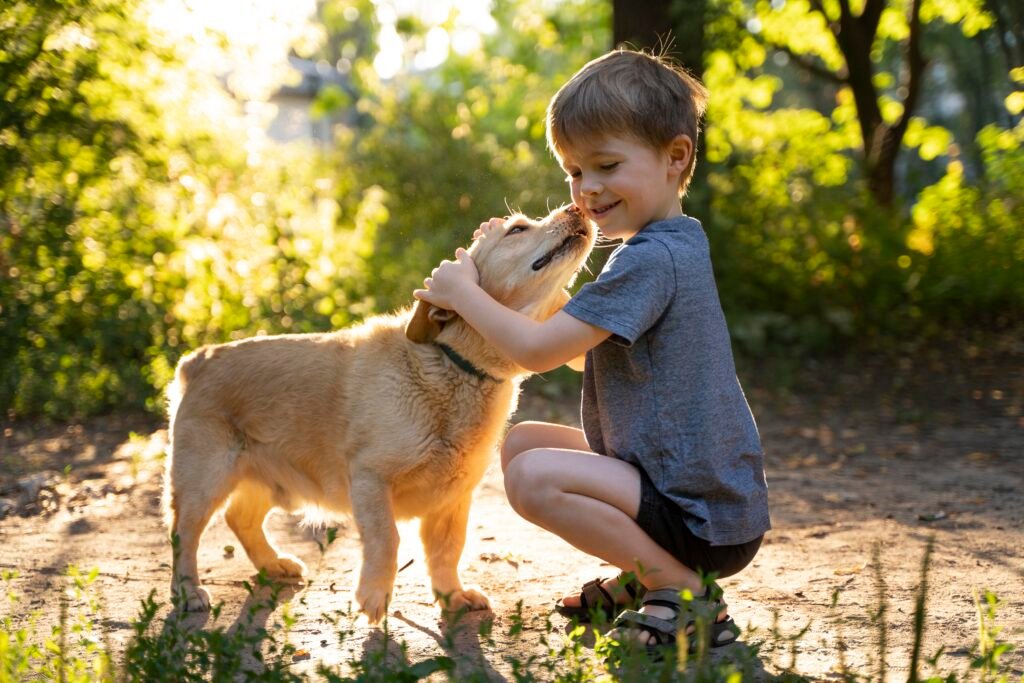 Kid embracing family dog — representing safe and pet‑friendly pest control services.