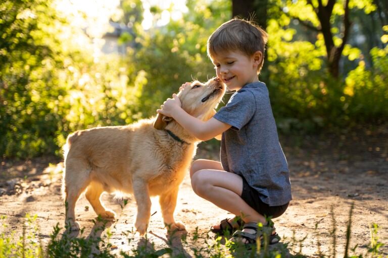 Kid embracing family dog — representing safe and pet‑friendly pest control services.